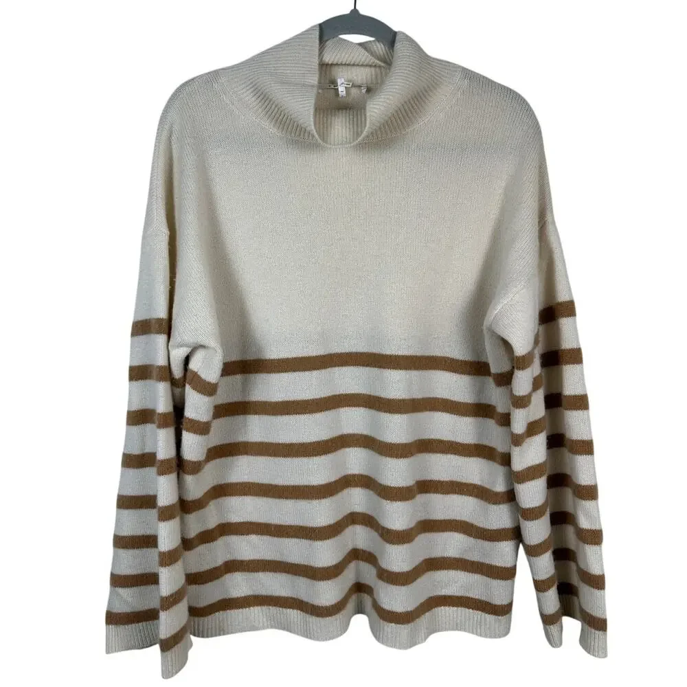 Frame Striped 100% Cashmere Sweater Size Small Oversized Mock Neck EUC Tan Cream